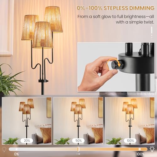 Image of Dimmable Floor Lamp, 68in. Boho Floor Lamps with Natural Shade, 3-Light Tree Lamp for Coastal, Beach or Bohemian Style Decor, E26 Socket, Rotary Switch Standing Lamp for Living room, Bedroom