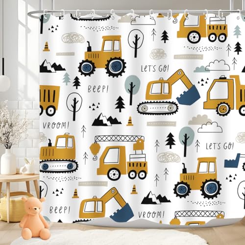 Image of Construction Truck Shower Curtain Cartoon Excavator Vehicle Tractor Cars for Boys Kids Machinery Navy Blue Yellow Bathroom Decor Waterproof Fabric 72Lx72W Inch with Hooks