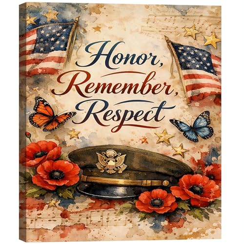 Image of Patriotic Honor Remember Respect Canvas Wall Art, Memorial Day Military Tribute, 4th of July Decor, Framed Prints for Home,Office,Living Room, Made in USA, Ready to Hang