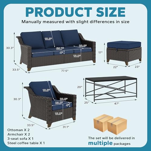 Image of 6 Pieces Outdoor Conversation Furniture Set - 77 inch Patio Sofa, 2 Armchairs, 2 Ottomans, 1 Metal Table, Patio Wicker Couch Set with Washable Cushions for Swimming Pool (Navy Blue) | Patio Chair Set with Olefin Removable Cushion, All-Weather Outdoor Couch with Deep Seat for Porch, Deck and Backyard, Blue