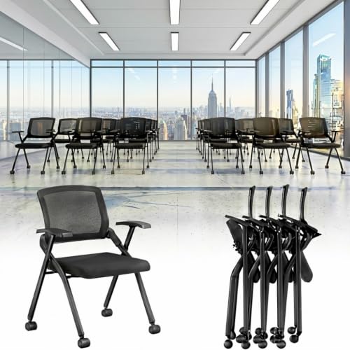 Image of 4 Pack Folding Office Chair on Wheels, Heavy Duty Conference Room Chair | Nesting Rolling Training Chairs, Lumbar Support, Mesh back, Padded Seat, Meeting, Commercial Guest Reception, Classroom