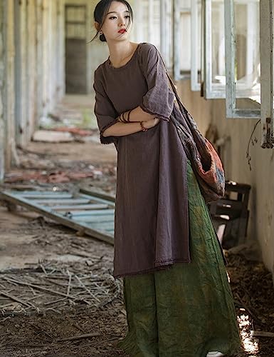 NFYM Women's Linen Midi Dress Short Sleeve Side Slit Distressed Frayed High Low Tunic Dresses3