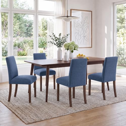Image of Upholstered Dining Chairs Set of 4, Mid-Century Dining Room Chairs with Wooden Legs, Farmhouse Fabric Parsons Chairs for Small Space Restaurant & Cafe- Blue