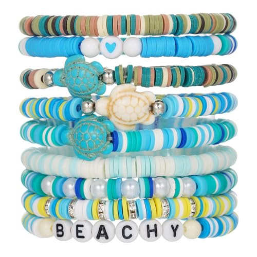 Beaded Bracelets for Women Turtle Bracelets Stackable Gold Polymer Clay Beads Boho Summer Beach Bracelet Set TG48264