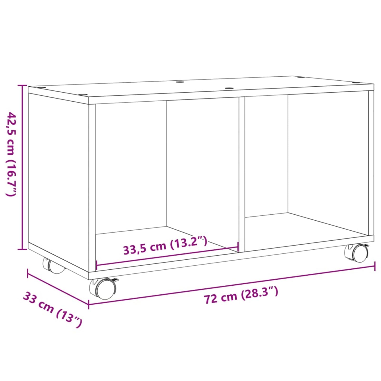 Armario con ruedas de freno, roble Sonoma, 72 x 33 x 42,5 cm, fácil de mover para oficina y salón