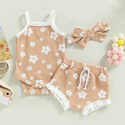 Mubineo Infant Baby Girl 3Pcs Summer Boho Rompers Outfits Bodysuit Shorts Clothes Headband Set (Khaki, 12-18 Months) #TOP2