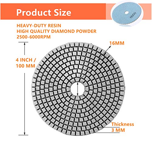 HLYCare (11-Pack) 4 inch Diamond Polishing Pads Set Wet/Dry Polishing Kit (50#-6000#) Grit Pads & Sanding Sponge Pad & (5/8-11)Hook and Loop Backer Pad for Granite Stone Concrete Marble Floor Polisher