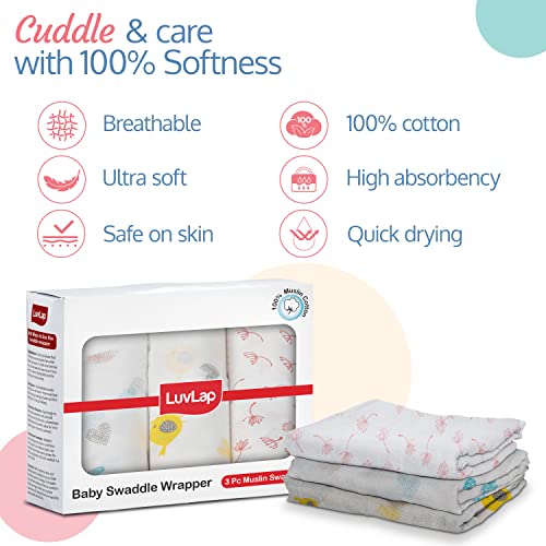 Image of Luvlap C-10 Baby Wooden Cot (Cherry Red, Small) Muslin Swaddle Birds White