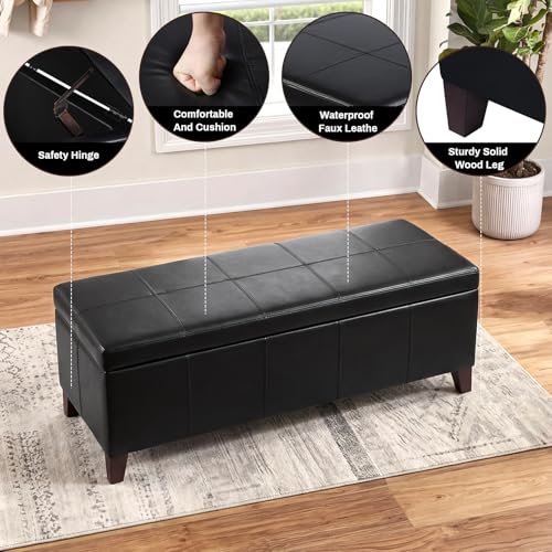 Image of 51 inch Black Faux Leather Storage Ottoman Bench