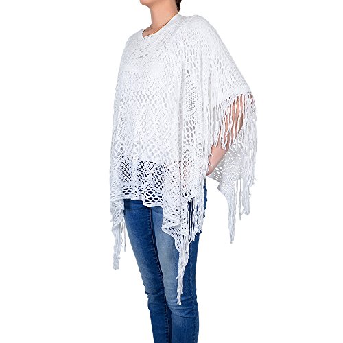 White Deer Women's Casual Crochet Net Lace Poncho Long Fringe (White)