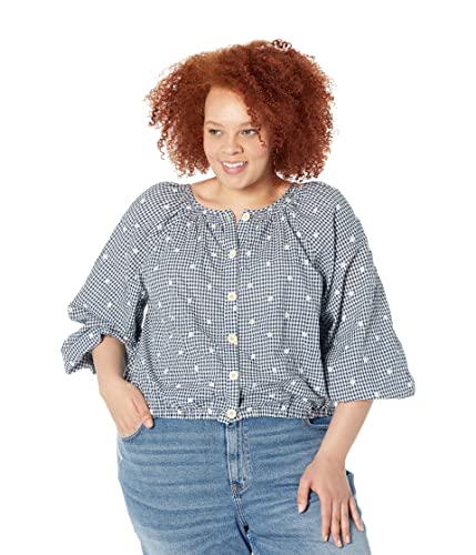 Madewell Plus Embroidered Button-Back Shirt In Gingham Check Navy Shoreline 1X #TOP16