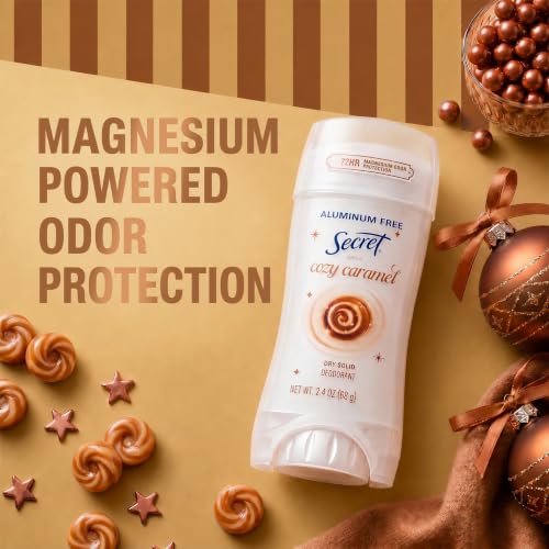 Image of Secret Aluminum Free Deodorant for Women, 72hr Magnesium Odor Protection with Pro-Hyaluronic Acid, PH Balancing Minerals, Holiday Dry Solid, Cozy Caramel Scent, 2.4 oz
