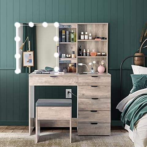 POULEII Vanity Mirror with Lights and Table Set with Cushioned Stool, Vanity Desk with Power Outlets and 3 Lighting Colors Sliding Mirror for Bedroom, Dressing Room,Grey Cover