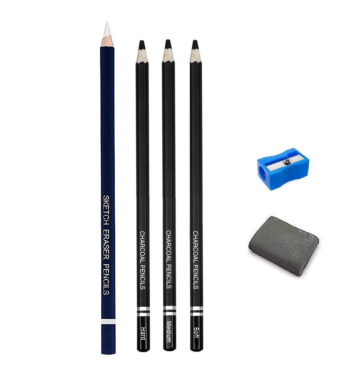 Definite Art 3 Pcs Black Charcoal Artist Pencils - Hard, Medium and Soft with Sharpener, Kneadable Eraser & Eraser Pencil