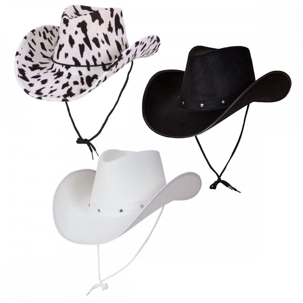 Titch & Timbo Texan Cowboy Cowgirl Hat 3 Pack (Multiple Options) : Adult Unisex Fancy Dress Party Accessory Country Western Rancher Rodeo Wild West Music Festival (Cowprint/Black/White)