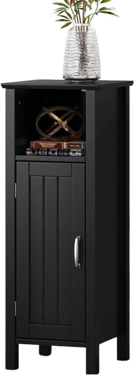 LDAILY LUARANE Wooden Bathroom Floor Storage Cabinet, Side Storage Organizer Cabinet with 1 Door Open Shelf Adjustable Shelves, Small Free Standing Sideboard for Entryway Living Room Kitchen (Black)
