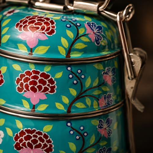 Image of iHandikart Handpainted Decorative Lunch Box Tiffin | Multiple Tier Stainless Steel Food Box | Designer Indian Print Tiffin for School | Diwali Gift, Navratri Gift (Color - Multicolor)