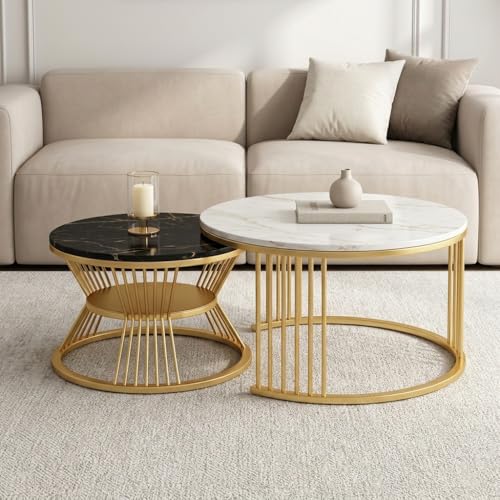 Image of Coffee Table, 20 inch Round Coffee Table Set of 2, Wooden Nesting Table with Metal Frame, Center Tables for Living Room Bedroom Balcony Bedside Table White