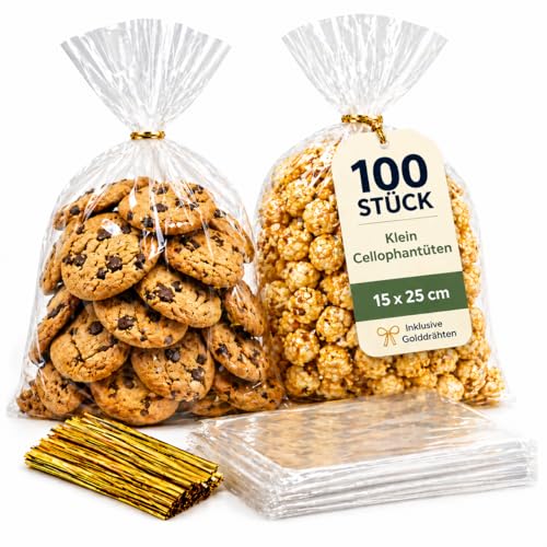 Bonison 100 Stück Cellophantüten 15 x 25 cm Durchsichtig Zellophantüten mit Gold Bindebändern Klein Plätzchentüten für Kekse Plätzchen Bonbons Geschenk Party & Hochzeit