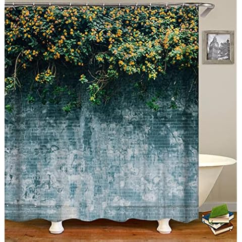 Fabric Shower Curtain, Green Vines Yellow Flowers Plants Creeper Wall Polyester Designer Cloth, Print Decorative Bathroom Curtains Include Hooks Set(72〃w by 72〃L) (WJ674) Cover