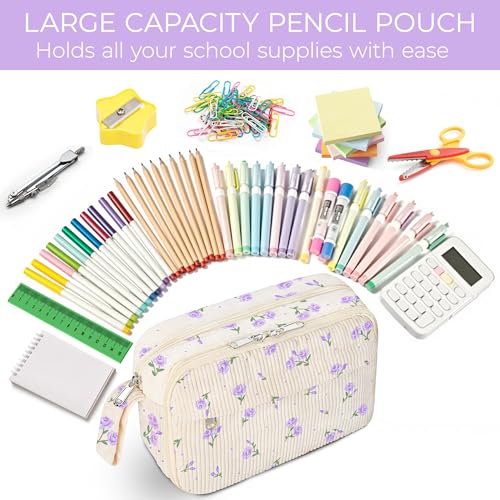 Image of WOBAGMEN Cute Pencil Case,Large Corduroy Zippered Pencil Case Pouch, aesthetic Pencil Bag with Compartments, Pencil Pouch School Supplies (HY-corduroy pc-purple floral)