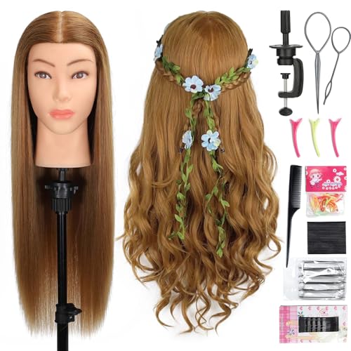 MQHIHI Mannequin Head Human Hair, 80% Real Hair Cosmetology Manikin Head for Practice Braiding Hairstyling Cutting with Free Clamp Holder and Tools (Light Brown)