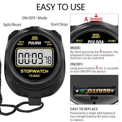 Stopwatch Timer with Countdown, Simple Operation Digital Stop Watch for Sports, Countdown-Alarm Button-Sound, AAA Battery Included (Black) - Image 5