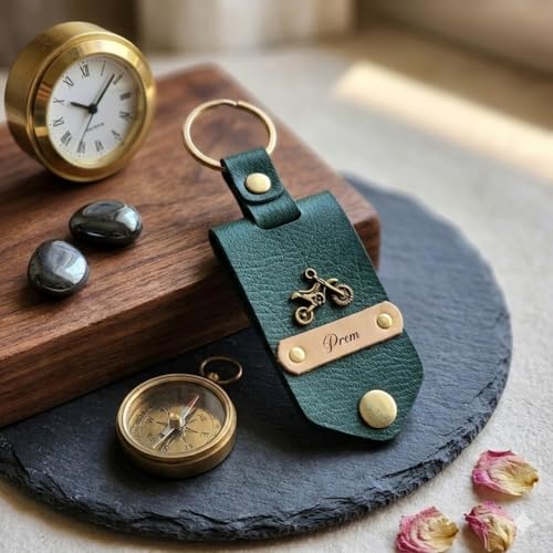 Image of Personalised Leather Keychain with Custom Name & Charm, Unisex, Modern Style, Customisable