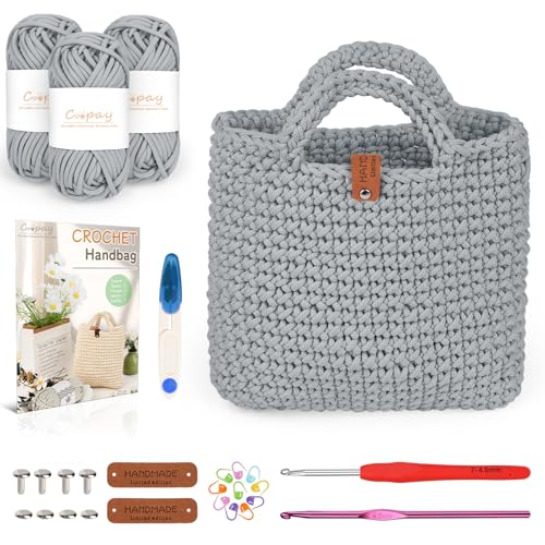 Coopay Juego de ganchillo para principiantes, bolsa de ganchillo con aguja de ganchillo de 4,5 mm, instrucciones (idioma español no garantizado), lana de 5 mm de grosor para ganchillo, bolso pequeño