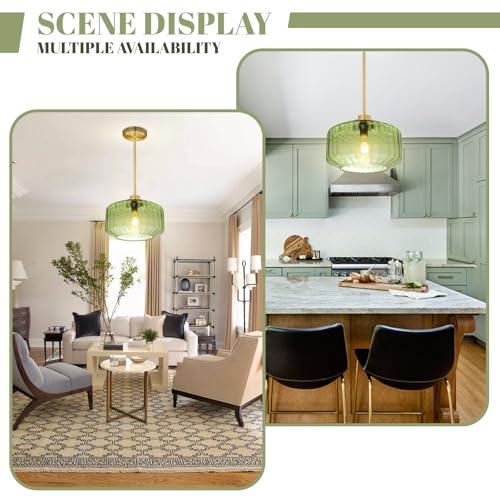 Image of Modern Green Pendant Lights 11.02 inch Green Flush Mount Ceiling Light Fixtures with Hammered Glass, Gold Mid Century Chandelier for Bedroom Dining Room Kitchen Island