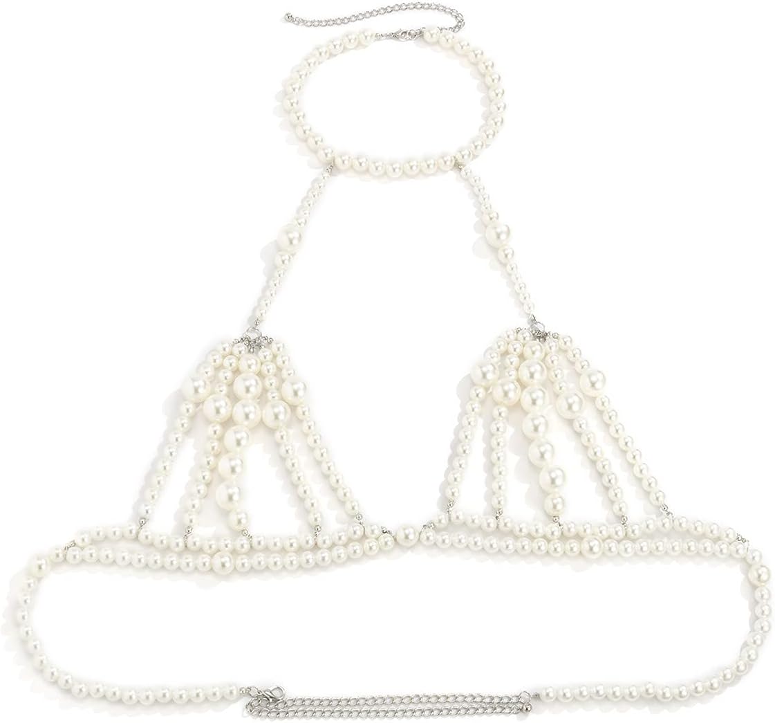 Jumwrit Pearl Layered Body Chain Bra Necklace and Silver Waist Chain Belt Ajustable Belly Chain Set Accessories for Women