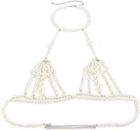 Vista 4 de Jumwrit Collar de cadena de perlas en capas y cinturón de cadena de cintura de plata, ajustable, accesorios para mujer, Perla, aleación