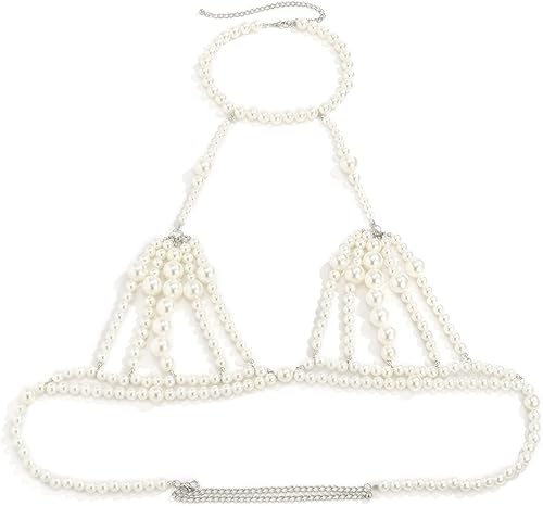 Miniatura 4 de Jumwrit Collar de cadena de perlas en capas y cinturón de cadena de cintura de plata, ajustable, accesorios para mujer, Perla, aleación