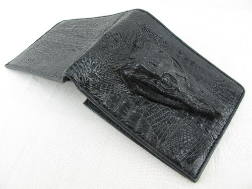 Genuine Crocodile Alligator with Head Skin Leather Bifold Wallet ([B1] - 6 Cards Slot + 2 ID Windows + 2 Compartment for Bills, Black)4