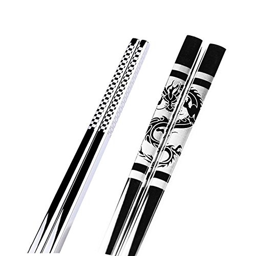 EORTA 4 Pairs Stainless Steel Chopsticks Chinese Style Square Chopsticks Reusable Metal Anti-skid Chopsticks with Laser Marking Pattern for Home Hotel Restaurant Gift Dishwasher-safe Chinese Dragon