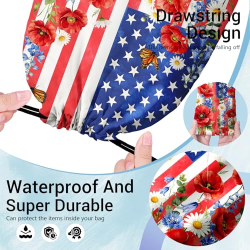 Image of USA Flag Grip Bag Butterfly Floral 4 th of July Drawstring Bag for Gym