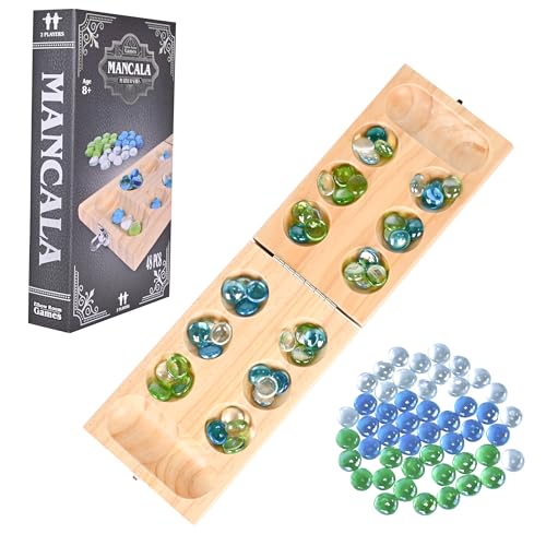 Elbow Room Games Mancala Set, Folding Wooden Board with 48 Glass Stones in Blue, Green, and White, Portable Travel Design, Classic Strategy Game for 2...
