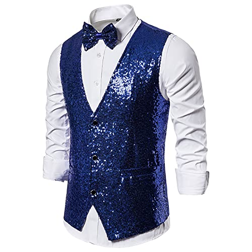 Mens Sequin Vest with Bowtie, V-Neck Shiny Suit Vest Formal Sparkly Waistcoat Jacket for Tuxedo Prom Party