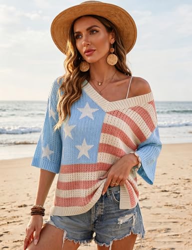 Image of Rapbin Women's Crochet V Neck Beach Cover Up 3 /4 Sleeve Hollow Out Knitted Pullover Sweater