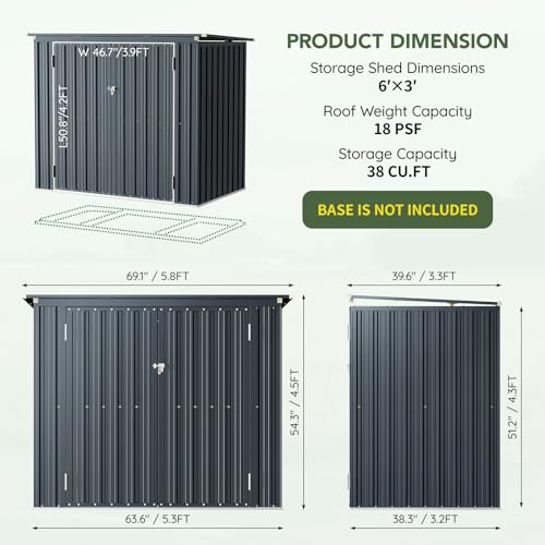Image of 6x3 FT Outdoor Garbage Can Storage Shed with Lift-Up Lid & Double Doors, Metal Trash Can Enclosure with Sloped Roof, Gas Strut & Lockable Door, Weatherproof Trash Bin Shelter for Patio Backyard