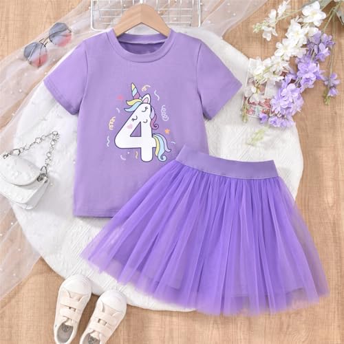 Image of 4th Birthday Outfit Girl,4 Year Old Fourth Four Shirt Skirt Outfit for Toddler Girls