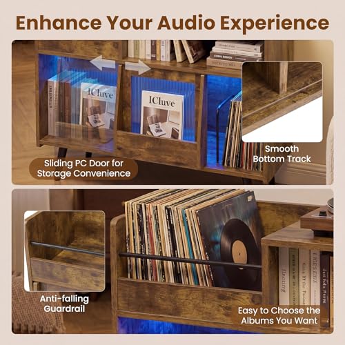 Image of Giantex Large Record Player Stand with LED Light, Mid Century Modern Turntable Stand w /Sliding Door, Charging Station & Plastic Leg, Record Player Table, Vinyl Record Storage for Living Room (Rustic Brown)