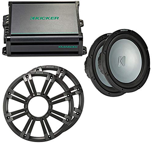 Kicker - Two 12 Inch LED Marine Subwoofers in Charcoal, 1 Pair with 600 Watt Amplifier Bundle