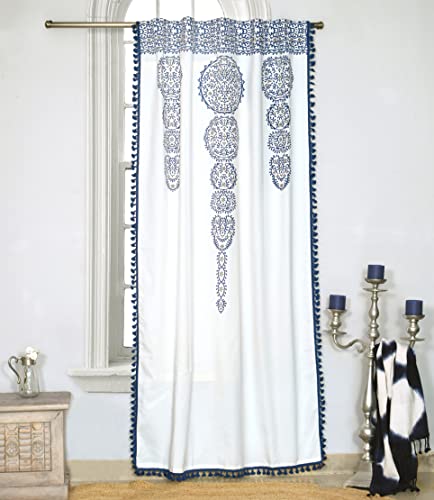 Image of Tranquebar Curtain Co. 100% Cotton, Moroccan Tasseled Geometric Print, Room Darkening Curtains for Door (with Back Tabs) - 7 Feet, Daira: Blue, 1 Piece (Length 213 cm)