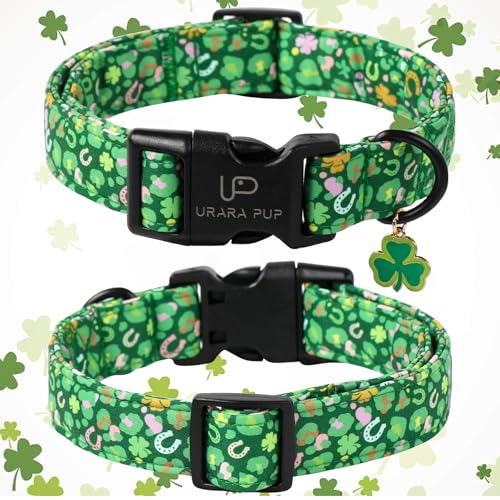Image of St. Patrick's Day Dog Collar, Cotton St. Patricks Day Clover Collar for Puppy Girl Boy Dog or Cat, Lucky Shamrock Dog Collar with Metal Buckle, Green, Spring, XS, Neck 8-12in