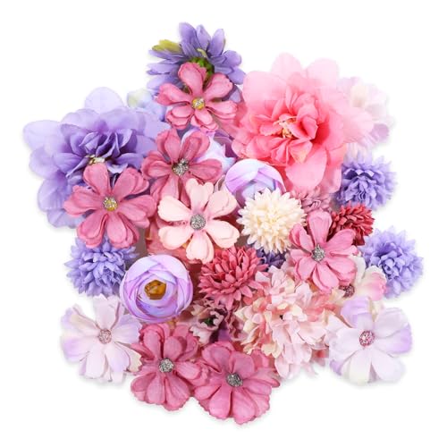 30 cabezas de flores artificiales, flores moradas mezcladas de flores de seda, mini flores de margaritas de rosa, flores multicolores, cabezas de margaritas falsas de seda a granel para decoración de