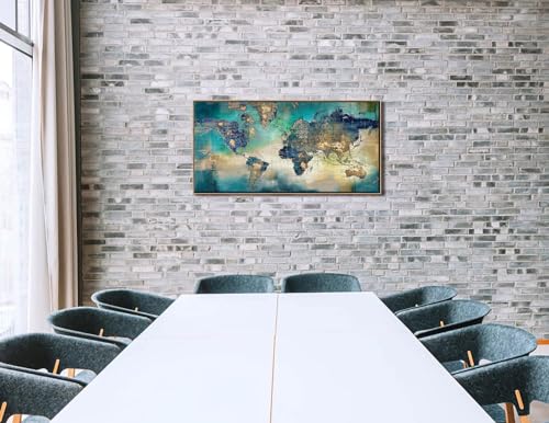 Image of Large World Map Canvas Prints Framed Wall Art for Living Room Office 24x48 Green World Map Picture Artwork Decor for Home Decoration(With Soild Wood Dark Framed)