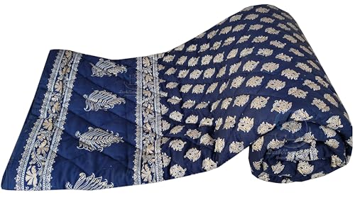 Image of Jaipuri Razai Double Bed Gold Print with Computerized Quilting Use as Soft and Breathable Cotton Comforter Quilt Rajai Blanket Dohar Size 85X100 inch Blue Pack of 1
