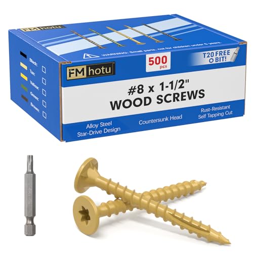 Image of #8 x 1-1 /2 inch Deck Screws, 500Pcs Star Drive Wood Screws, Rust Resistant Timber Screws for Timber /Log /Landscaping Wood, T20 Star Bit Included, Yellow