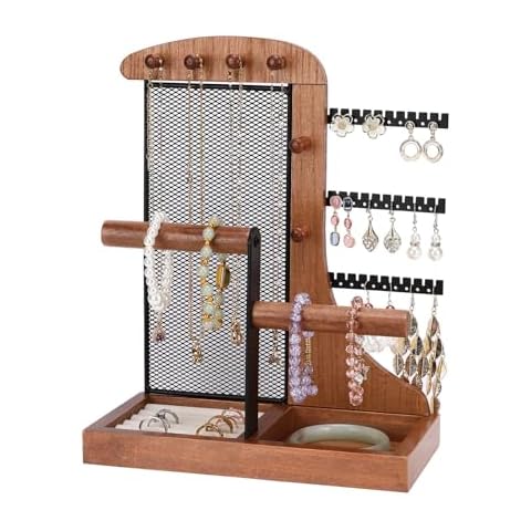 Mightree Jewelry Organizer Holder with Velvet Ring Tray and Study Metal Frame for Necklace,Earrings,Bracelets, Rings,Perfume Display,Jewelry Tower Storage Rack Tree,Removable Wood Tray for Women,Black Cover